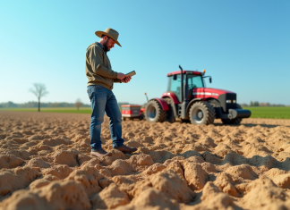 Agriculteur examinant un sol sec en champ sous ciel bleu