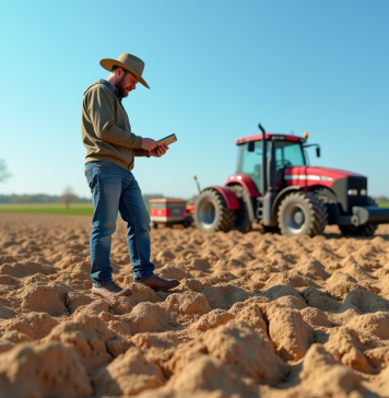 Agriculteur examinant un sol sec en champ sous ciel bleu