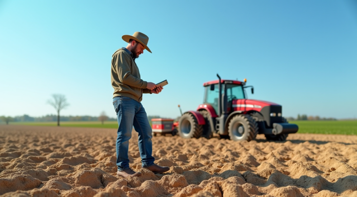 Agriculteur examinant un sol sec en champ sous ciel bleu