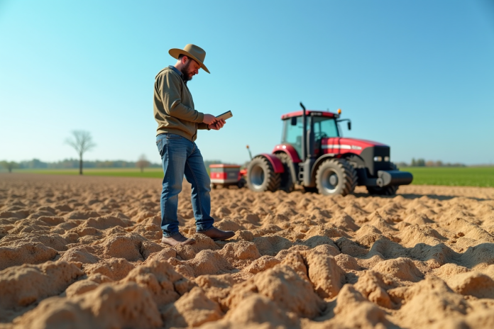 Agriculteur examinant un sol sec en champ sous ciel bleu