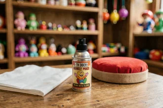 Spray caca de poche posé sur une table en bois entouré d'accessoires de farces classiques comme un coussin péteur