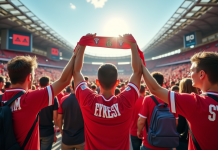 Supporters enthousiastes d'Amiens SC devant le stade ensoleille