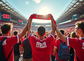 Supporters enthousiastes d'Amiens SC devant le stade ensoleille
