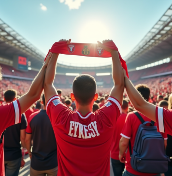 Supporters enthousiastes d'Amiens SC devant le stade ensoleille