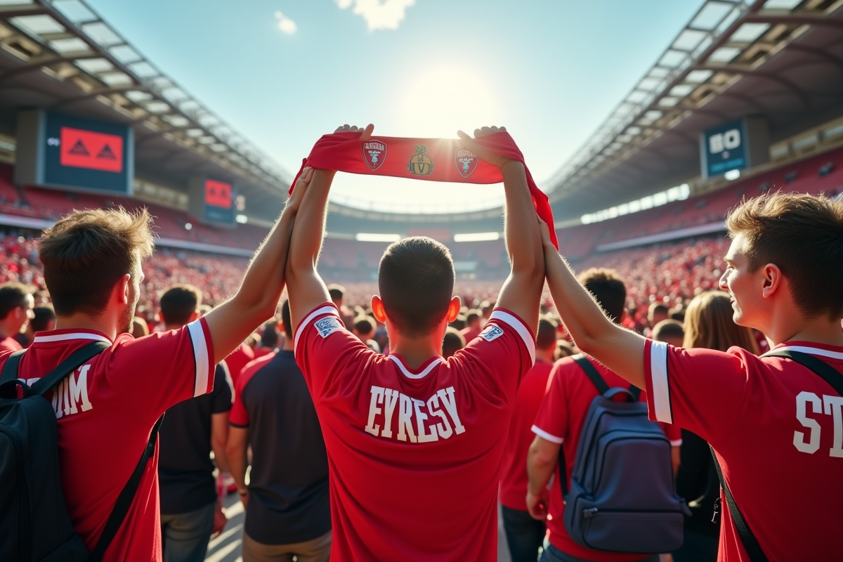 Supporters enthousiastes d'Amiens SC devant le stade ensoleille