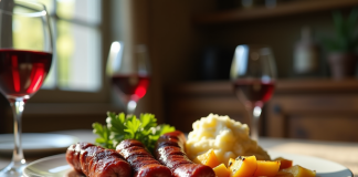 Table rustique avec boudin noir et pommes dorées