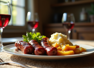 Table rustique avec boudin noir et pommes dorées