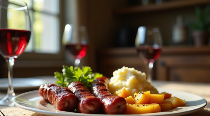 Table rustique avec boudin noir et pommes dorées