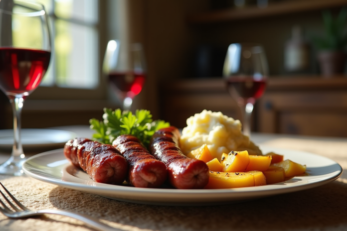 table-farmhouse-boudin-noir Table rustique avec boudin noir et pommes dorées