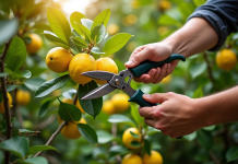 Jardinier taillant un citronnier sain avec sécateurs