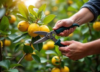 Jardinier taillant un citronnier sain avec sécateurs