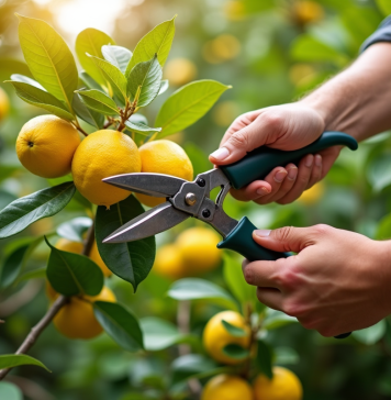 Jardinier taillant un citronnier sain avec sécateurs