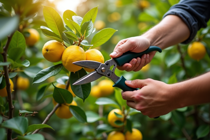 Jardinier taillant un citronnier sain avec sécateurs