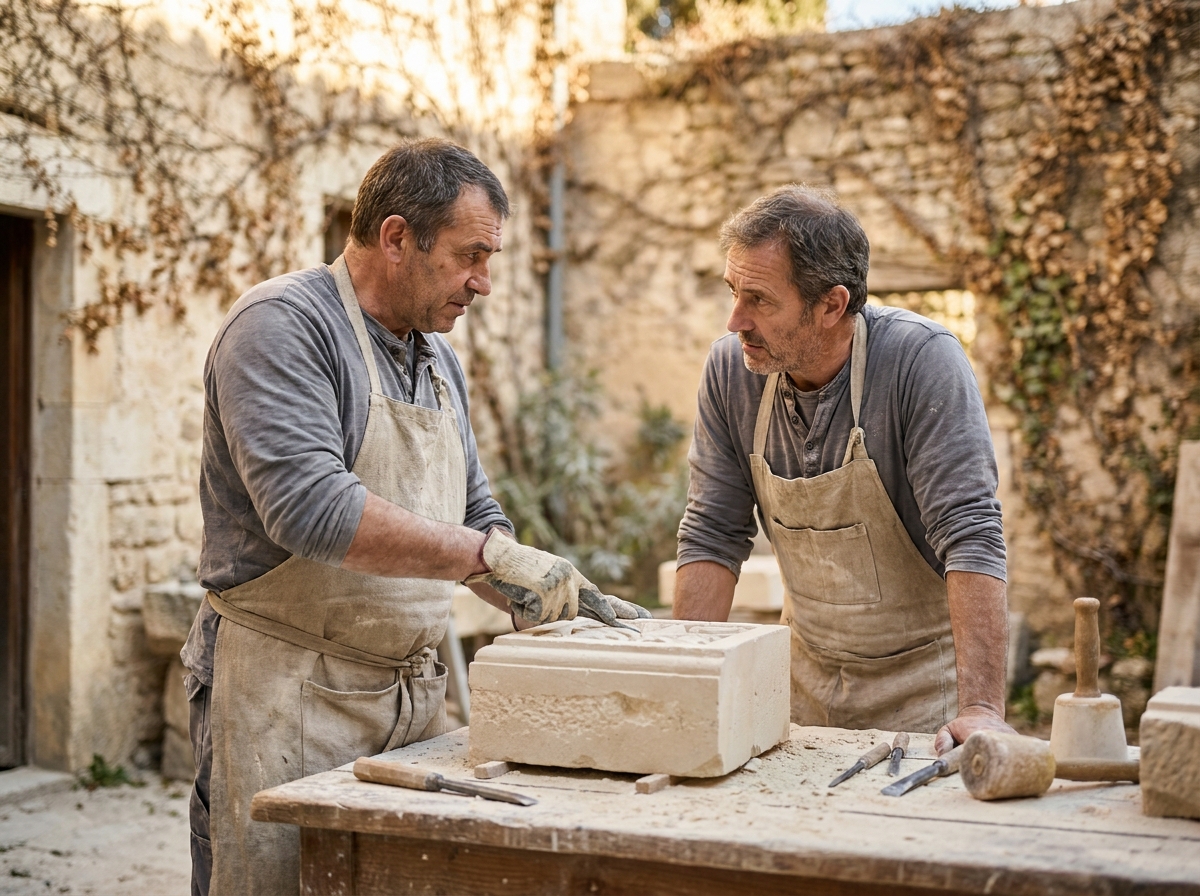 Deux tailleurs de pierre expérimentés collaborant sur un bloc de calcaire sculpté dans une cour d'atelier artisanal traditionnel