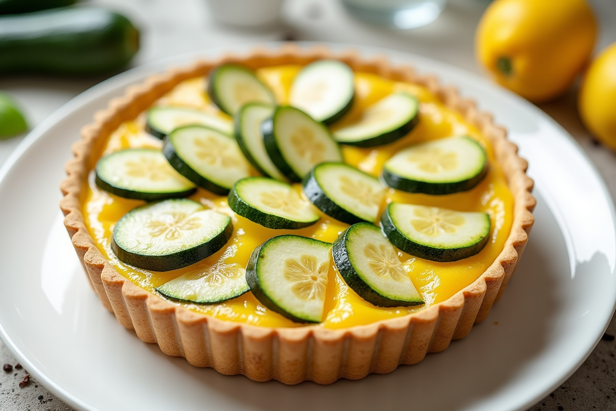 Tarte à la courgette entière sur assiette blanche
