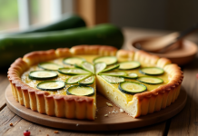 Tarte à la courgette fraîche tranchée sur table en bois
