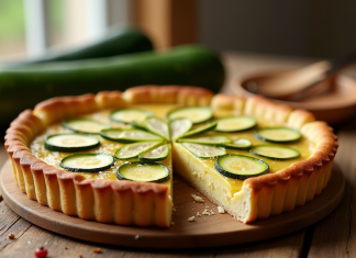 Tarte à la courgette fraîche tranchée sur table en bois