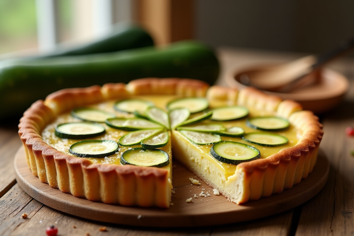 Tarte à la courgette fraîche tranchée sur table en bois