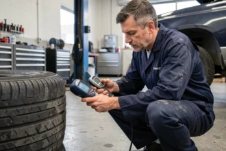 Technicien automobile mesurant la pression d'un pneu avec un manomètre numérique affichant des valeurs en psi dans un garage professionnel