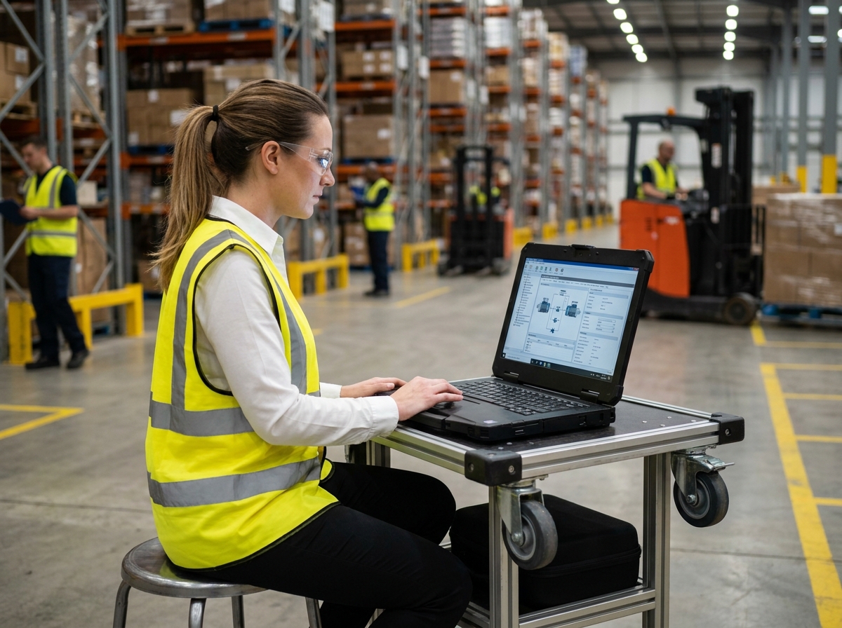 Technicienne en automatisation configurant un système d'entraînements décentralisés sur ordinateur portable dans un entrepôt logistique