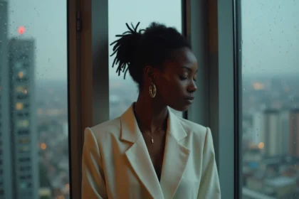 Femme contemplative près d'une fenêtre urbaine sous la pluie, illustrant tensions émotionnelles et non-dits dans une relation