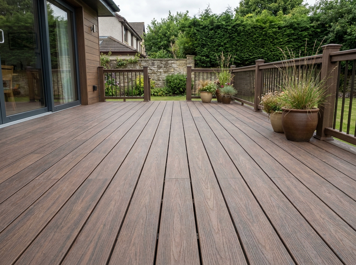 Terrasse extérieure en lames de bois composite tons noyer avec garde-corps et jardin aménagé