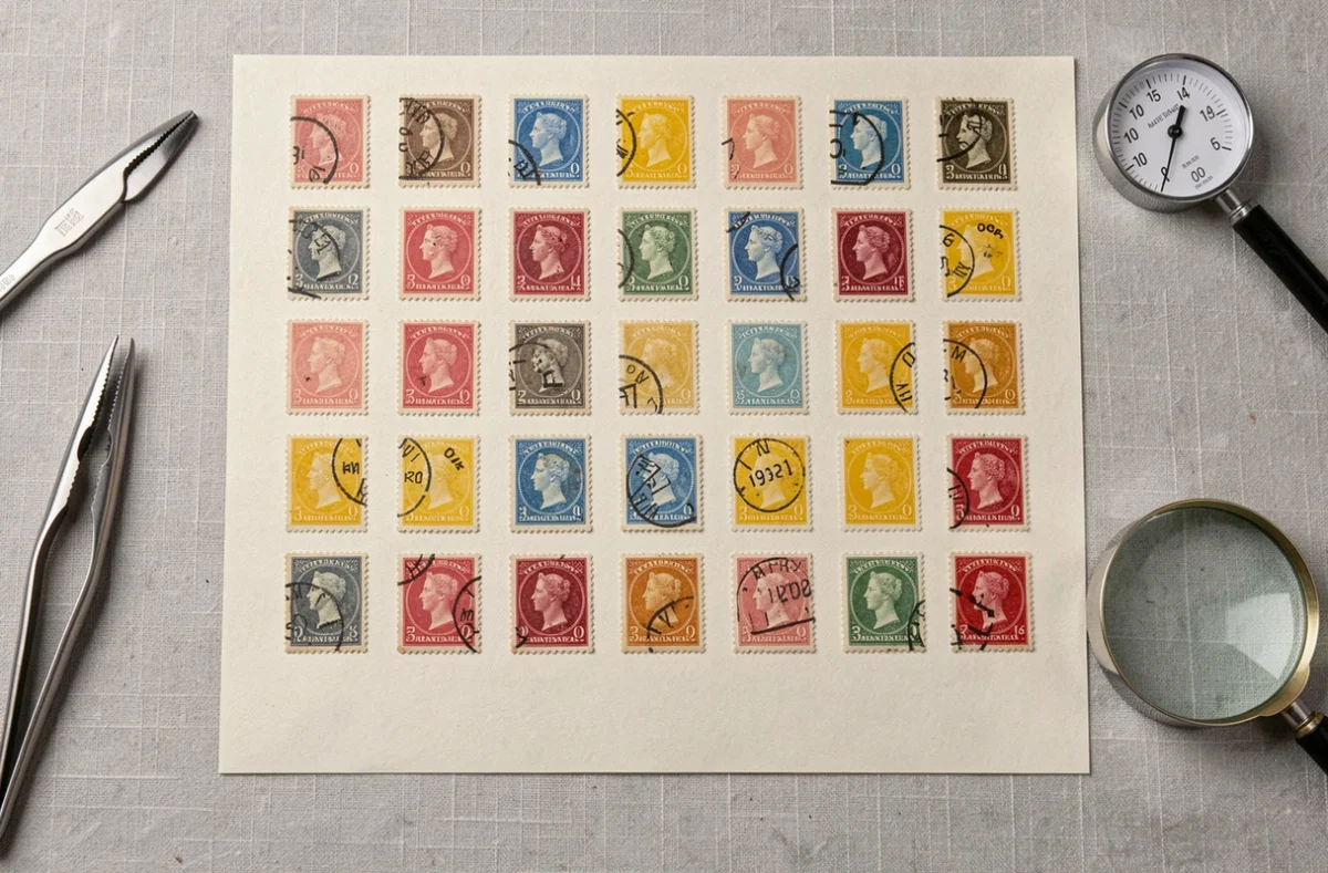 Collection de timbres rares vintage disposés sur matière archivistique avec dentelure et gomme visibles