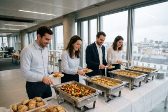 Plateau repas traiteur entreprise dans un open space moderne à Paris avec des collaborateurs qui se servent lors d'un déjeuner d'équipe