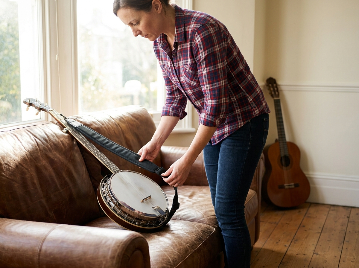 Femme ajustant une sangle de banjo dans un salon, guitare classique posée en arrière-plan