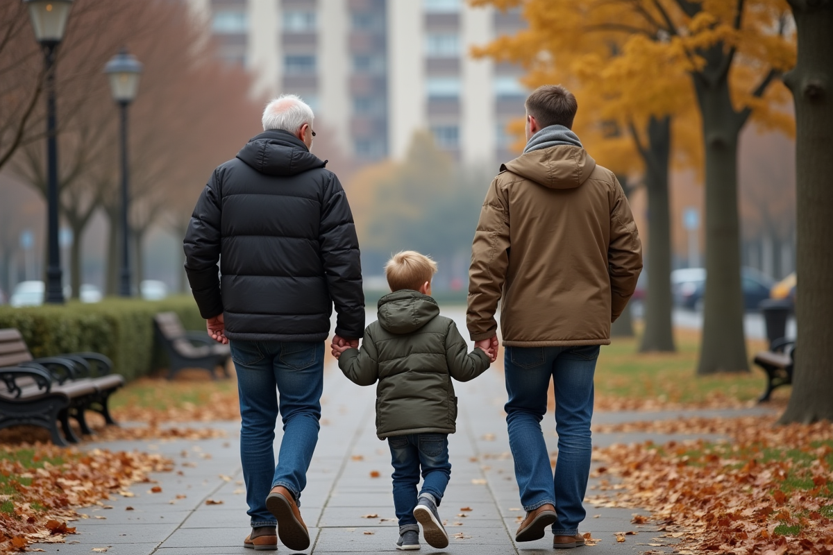 Trois générations marchant dans un parc automnal