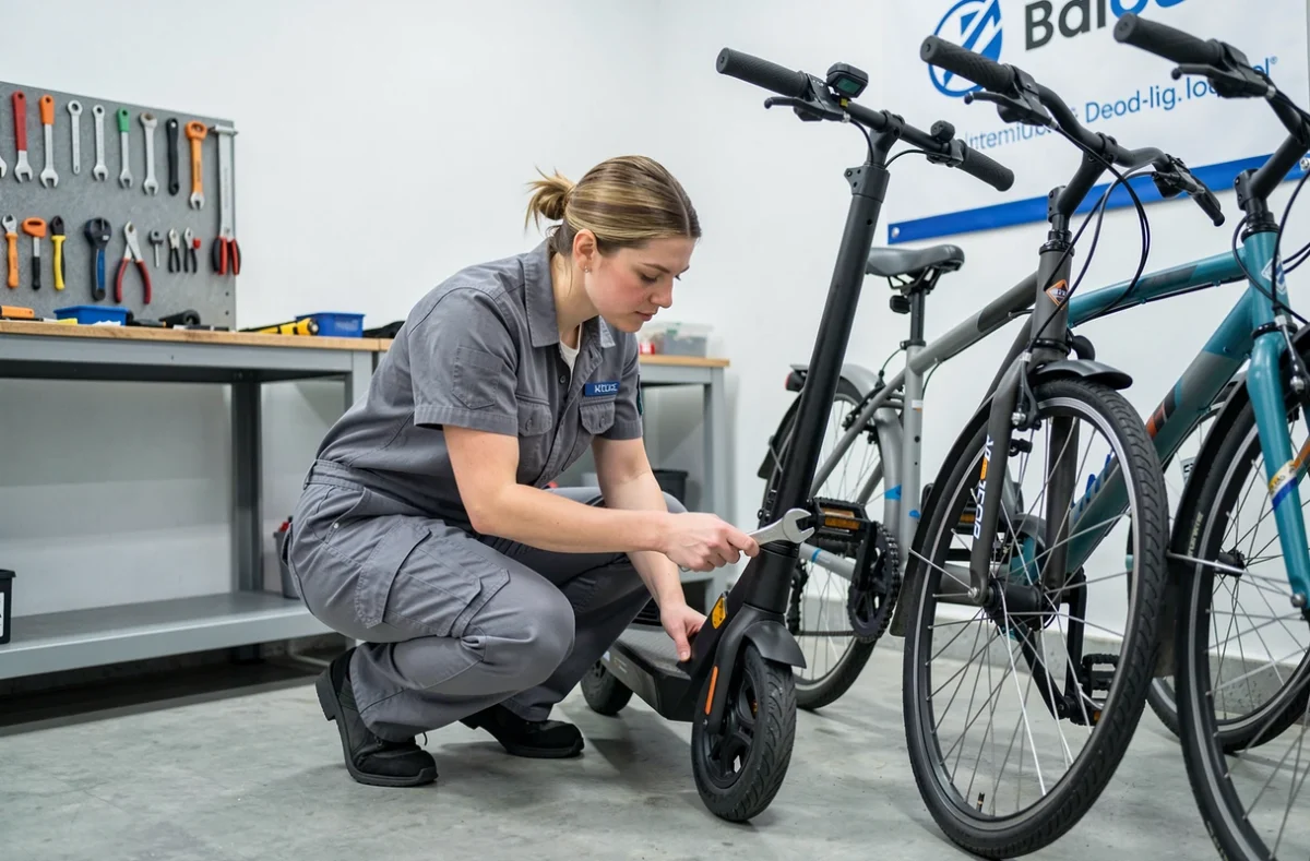 Technicienne de Trott Service réparant une trottinette électrique et un vélo urbain dans un atelier moderne