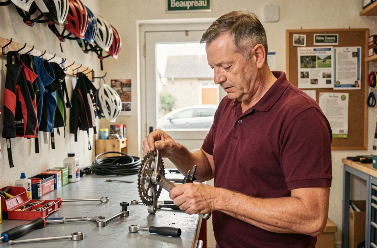 Mécanicien de Vélomania Beaupréau assemblant un pédalier sur son établi dans une boutique de vélos de ville