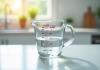 Verre mesureur avec 500 ml d'eau sur plan de travail lumineux