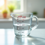 Verre mesureur avec 500 ml d'eau sur plan de travail lumineux