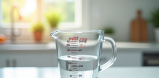 Verre mesureur avec 500 ml d'eau sur plan de travail lumineux