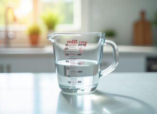 Verre mesureur avec 500 ml d'eau sur plan de travail lumineux