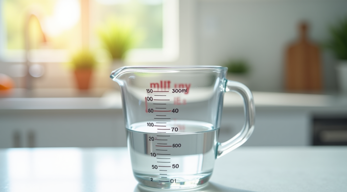 Verre mesureur avec 500 ml d'eau sur plan de travail lumineux