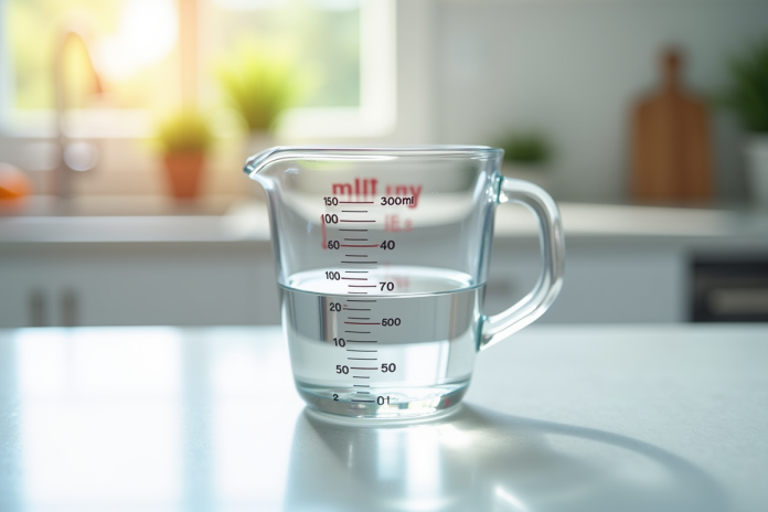 Verre mesureur avec 500 ml d'eau sur plan de travail lumineux