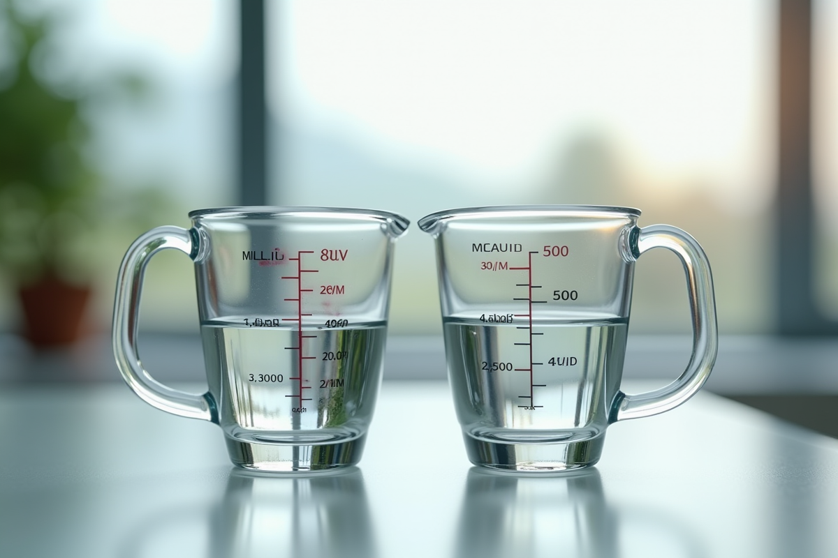 Deux verres mesureurs côte à côte avec eau en volume égal