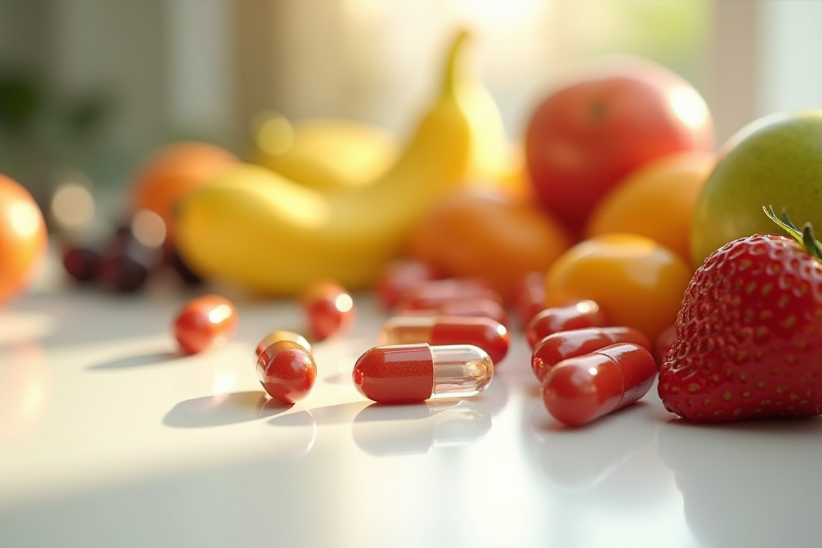 Vitamines et fruits frais sur une table blanche lumineuse