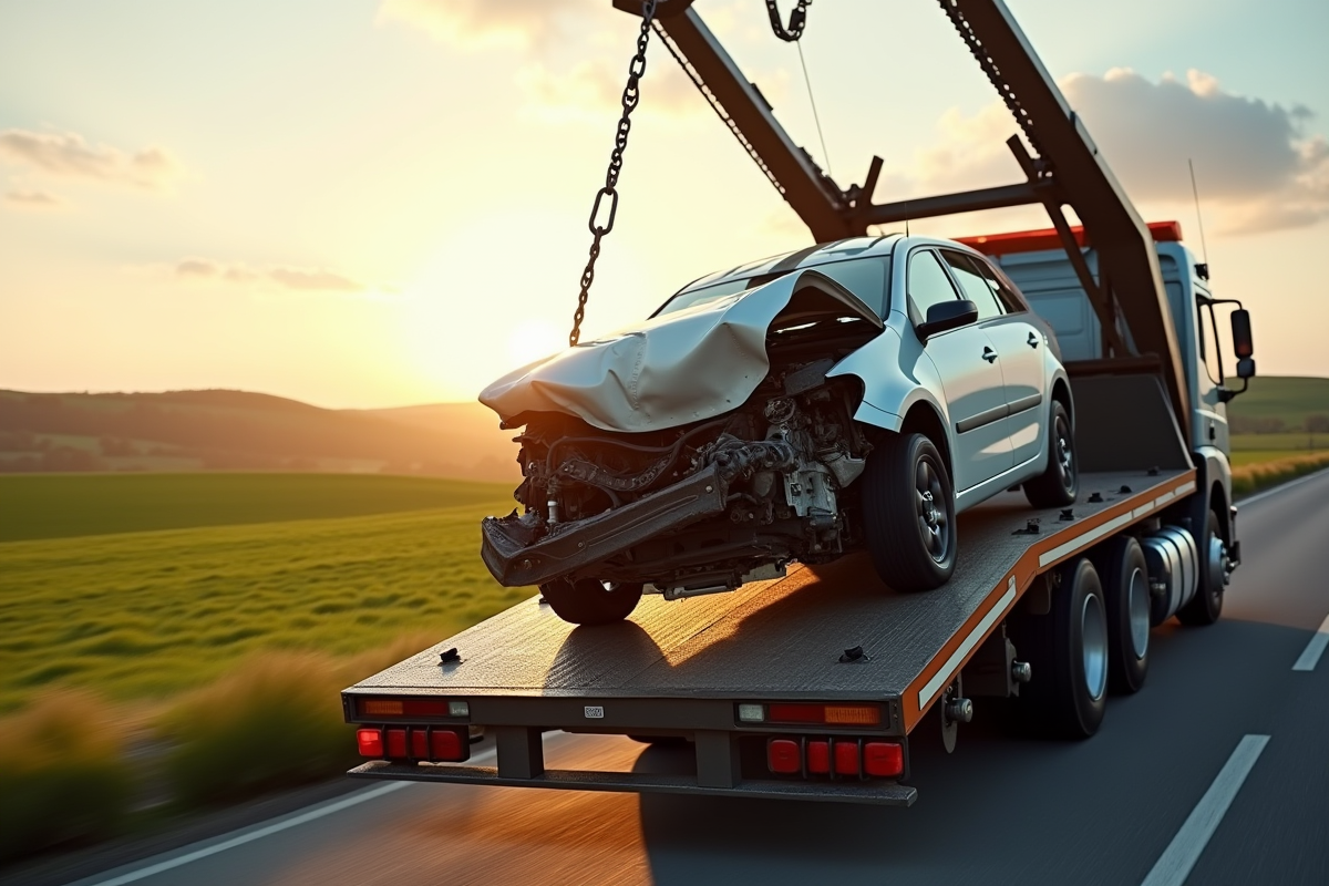 Voiture endommagee remontee sur un plateau en campagne