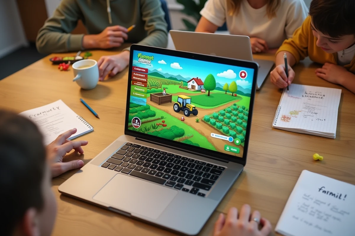 Vue de dessus d'un ordinateur portable avec le jeu Simagri agriculture entouré de notes scolaires